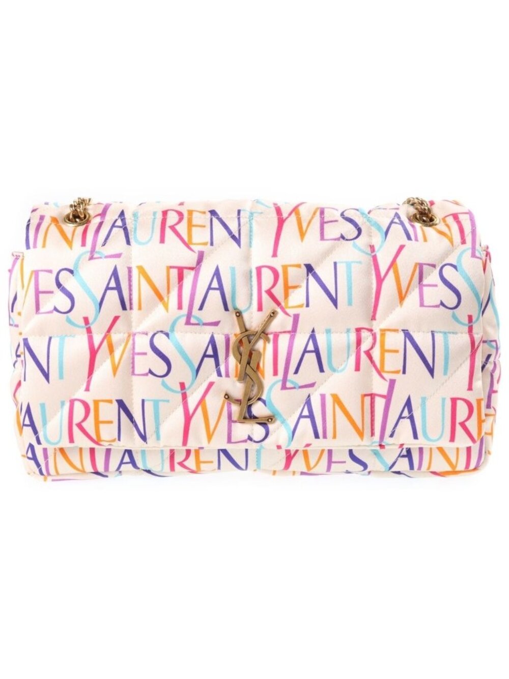 Saint Laurent Paris Logo All Over Print Nylon Patted Quilted Chain Shoulder Bag